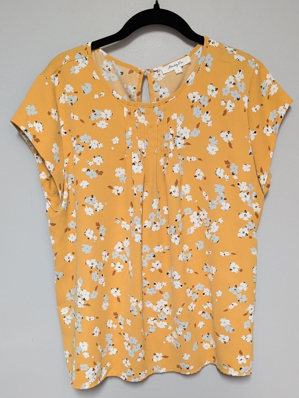Floral Pintuck Cap-Sleeve Blouse in Mustard Yellow - Monday Fun